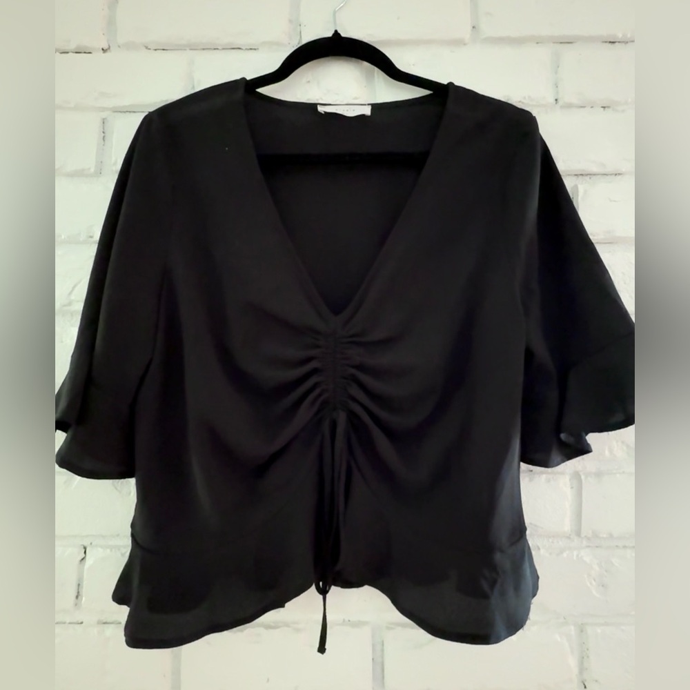 Black Ruched Drawstring V-Neck Women’s Top